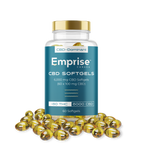 Amber glass jar of Emprise Canada CBD-Dominant softgels labeled 6,000 mg CBD (60 x 100 mg), surrounded by loose gold softgel capsules.