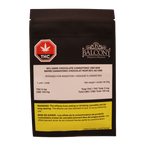 Black pouch packaging for the 65% Dark Chocolate CBD Cannatonic Bar, with Balcony Premium Edibles crest, THC symbol, and dosage label reading THC 5 mg, CBD 100 mg.