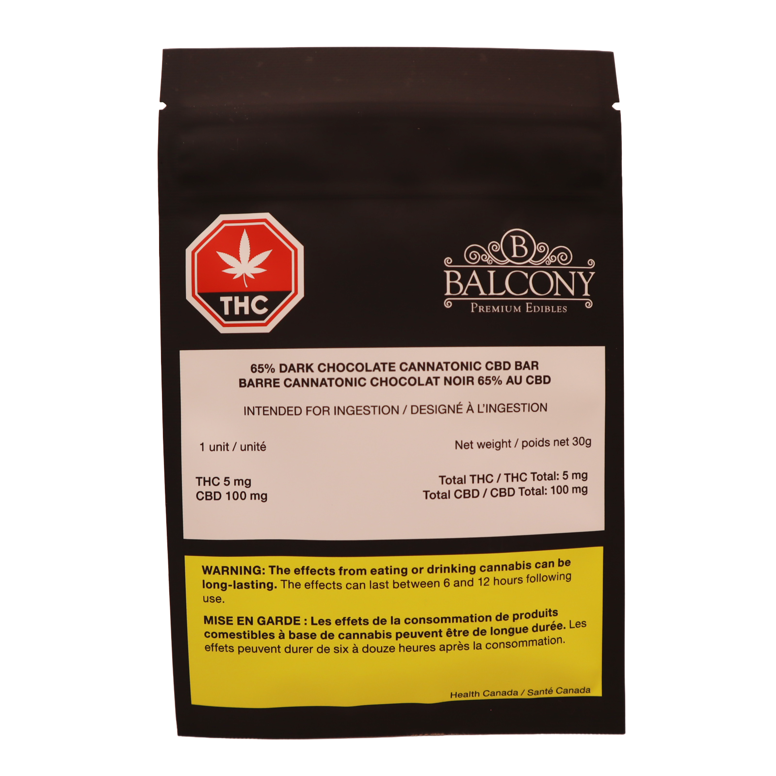 Black pouch packaging for the 65% Dark Chocolate CBD Cannatonic Bar, with Balcony Premium Edibles crest, THC symbol, and dosage label reading THC 5 mg, CBD 100 mg.