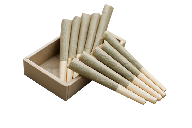Generic stock photo of eight pre-rolled cannabis joints with filter tips arranged beside an open cardboard box, with no product-specific branding shown.