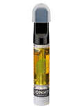Jonny Chronic 1g vape cartridge filled with amber oil, showing the green fingerprint logo and clear mouthpiece cap.