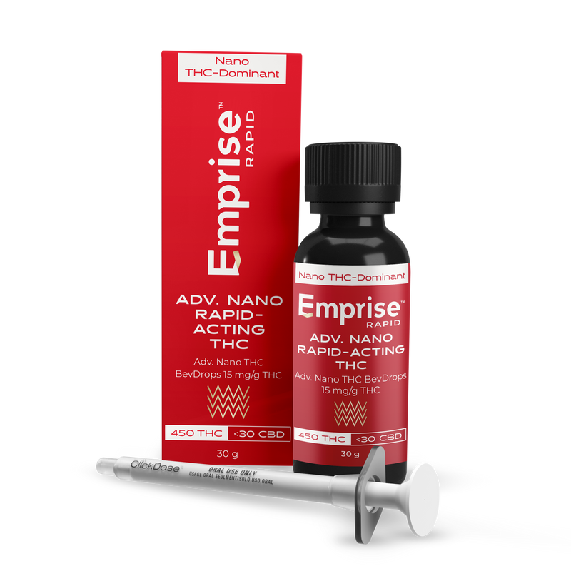Red Emprise Rapid box and amber dropper bottle for Adv. Nano THC BevDrops with an oral dosing syringe