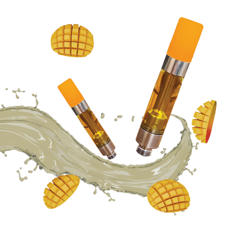 Two vape cartridges with orange caps and amber oil for the Anytime 1:1 Fuzzy Mango Vape Cart, surrounded by cut mango pieces and a cream-colored splash.