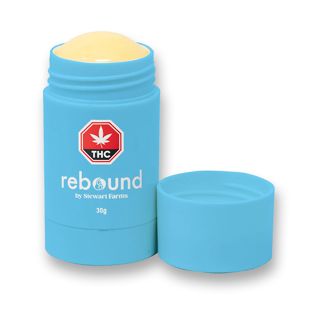 Open blue tube of balm with the cap removed, showing pale yellow product and rebound by Stewart Farms branding.