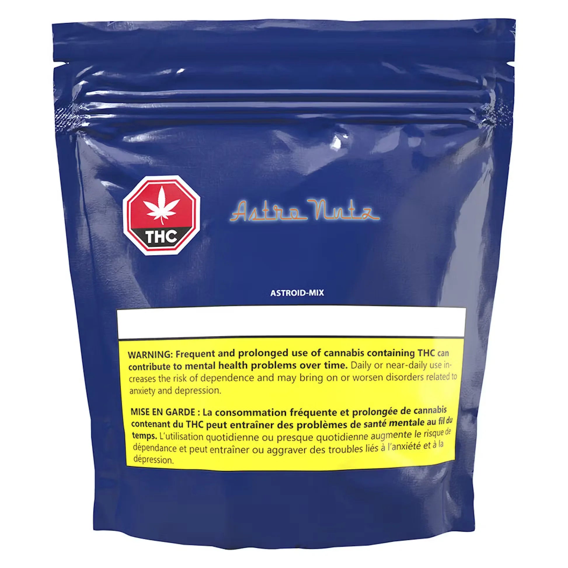 Navy blue mylar package labeled Astro Nutz Astroid-Mix, with a THC warning icon and cannabis health warning text.