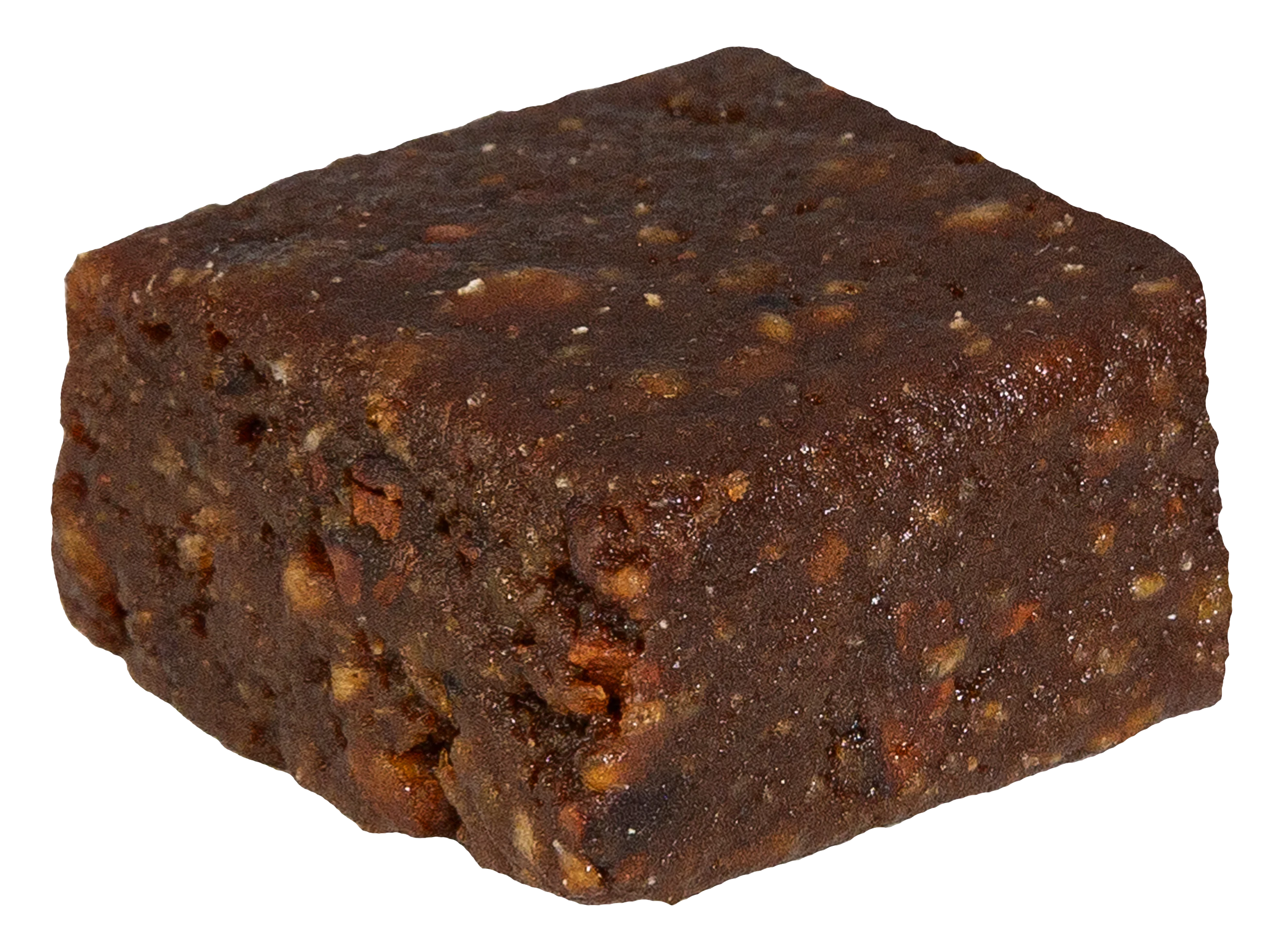 Close-up of a single dark chocolate-coated fruit bite square with a textured, fudge-like surface.