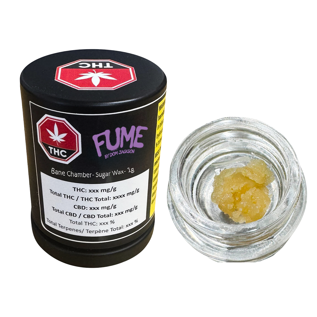 Black cylindrical container labeled Fume by Dom Jackson, Bane Chamber Sugar Wax 1g, beside an open jar of golden sugar wax concentrate.