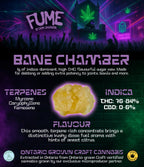 Information graphic for Fume by Dom Jackson Bane Chamber sugar wax listing terpenes (myrcene, caryophyllene, farnesene), THC 76-84%, CBD 0-6%, and Ontario-grown craft cannabis certification.