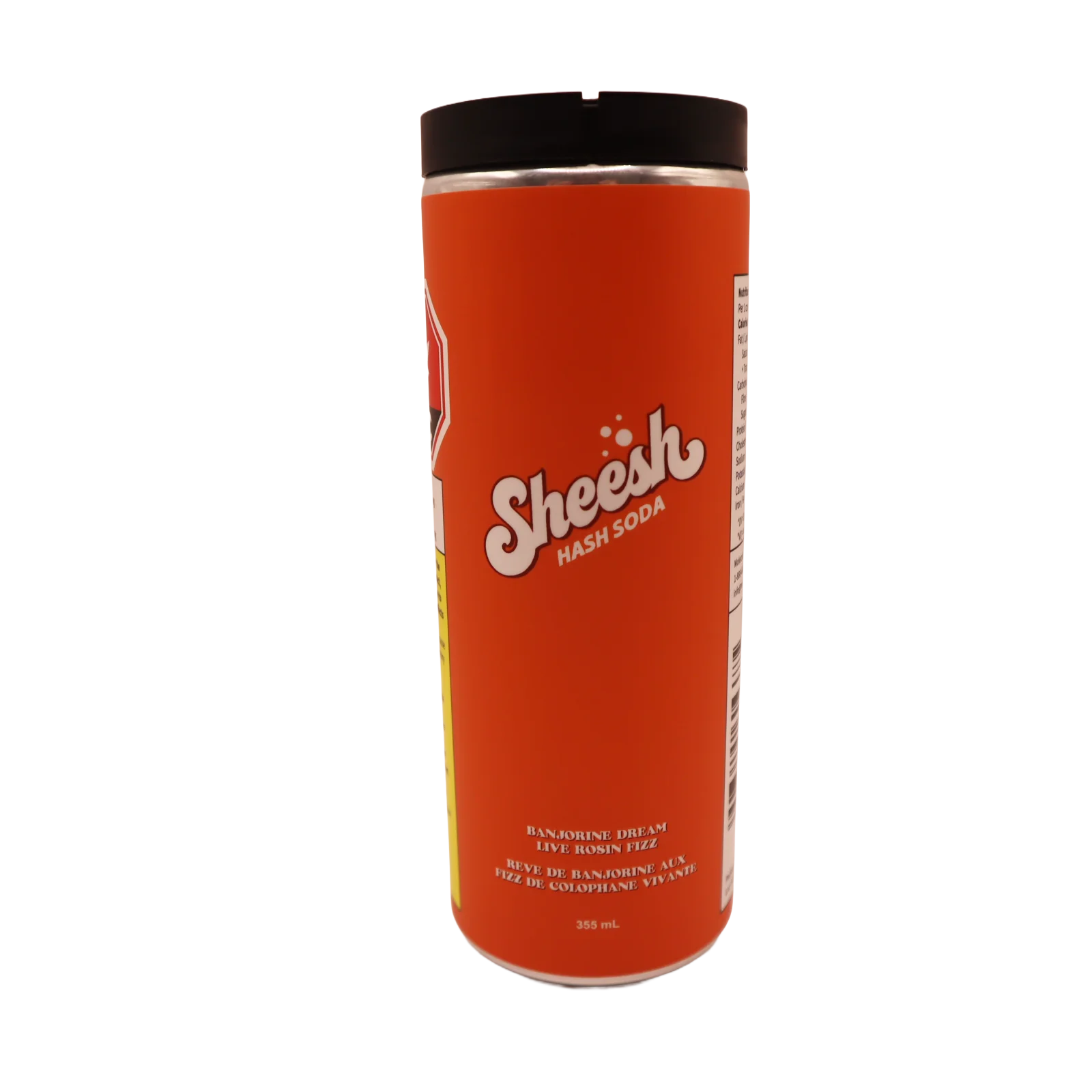 Side angle of the Banjorine Dream Live Rosin Fizz can with black cap, Sheesh Hash Soda branding, and the edge of the nutrition facts panel visible.