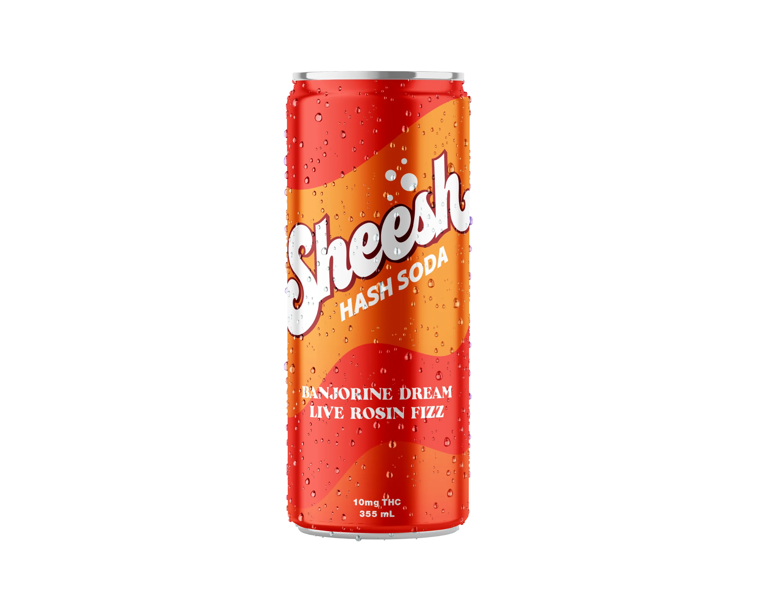 Condensation-covered orange can of Sheesh Hash Soda in the Banjorine Dream Live Rosin Fizz flavour, listing 10 mg THC and 355 mL.
