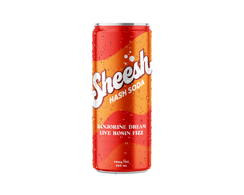 Condensation-covered orange can of Sheesh Hash Soda in the Banjorine Dream Live Rosin Fizz flavour, listing 10 mg THC and 355 mL.