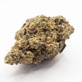 Dense cannabis flower bud with dark purple tones, light trichome coating, and orange hairs