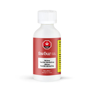 White bottle of Favour Berry Mixer drink enhancer with a red label showing THC 10 mg content and cannabis warning text.