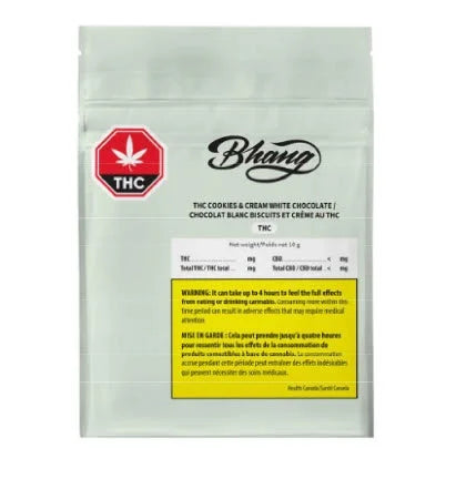 Resealable Bhang pouch labeled THC Cookies & Cream White Chocolate with THC symbol and content label