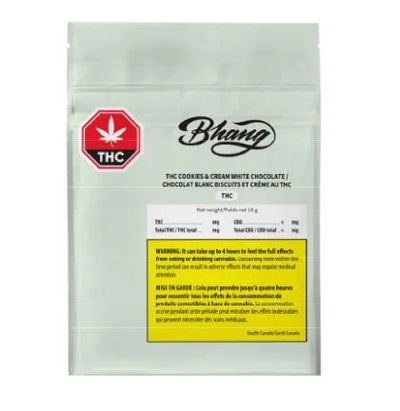 Resealable Bhang pouch labeled THC Cookies & Cream White Chocolate with THC symbol and content label