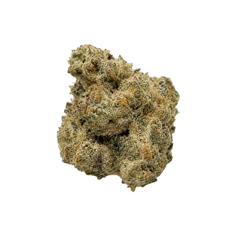 Close-up of a dense, trichome-covered Black Diamond X cannabis flower bud against a black background.