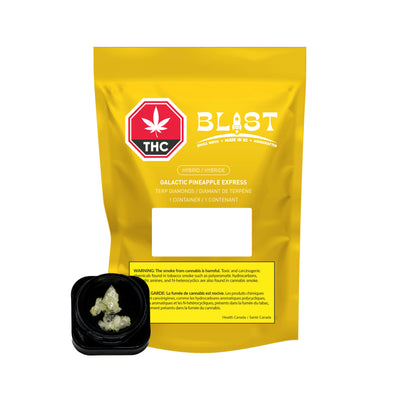 Yellow Blast-branded pouch for Galactic Pineapple Express Terp Diamonds, next to an open container showing pale crystalline THC diamonds.