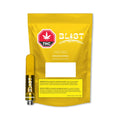 Yellow Blast packaging pouch for Pineapple Express vape cartridge beside the amber-filled cartridge with black Blast-branded threading.