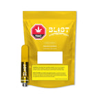 Yellow Blast packaging pouch for Pineapple Express vape cartridge beside the amber-filled cartridge with black Blast-branded threading.