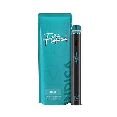 Teal Platinum Vapes disposable vape pen with a matching teal packaging pouch labeled Blu Indica.