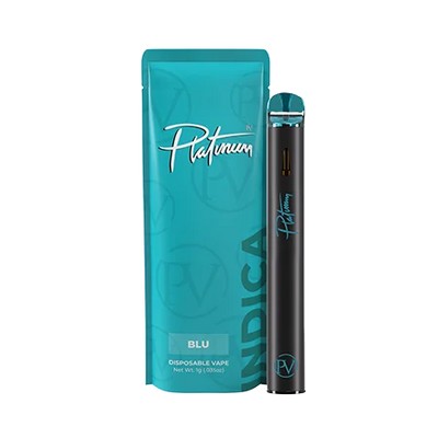 Teal Platinum Vapes disposable vape pen with a matching teal packaging pouch labeled Blu Indica.