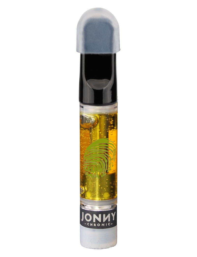 Vape cartridge with a black mouthpiece and frosted white base, filled with golden oil and marked with the Jonny Chronic fingerprint logo.