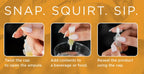 Instructional graphic titled Snap, Squirt, Sip showing three steps for using a Blue Moon ampule: twist open, add to a drink, and reseal.