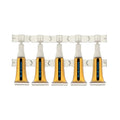 Row of five amber Blue Moon liquid ampules with twist-off tips, connected on a plastic strip.
