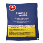 Back of the blue Emprise Rapid Thirstc sachet showing THC symbol, dosage table, and Health Canada warning text