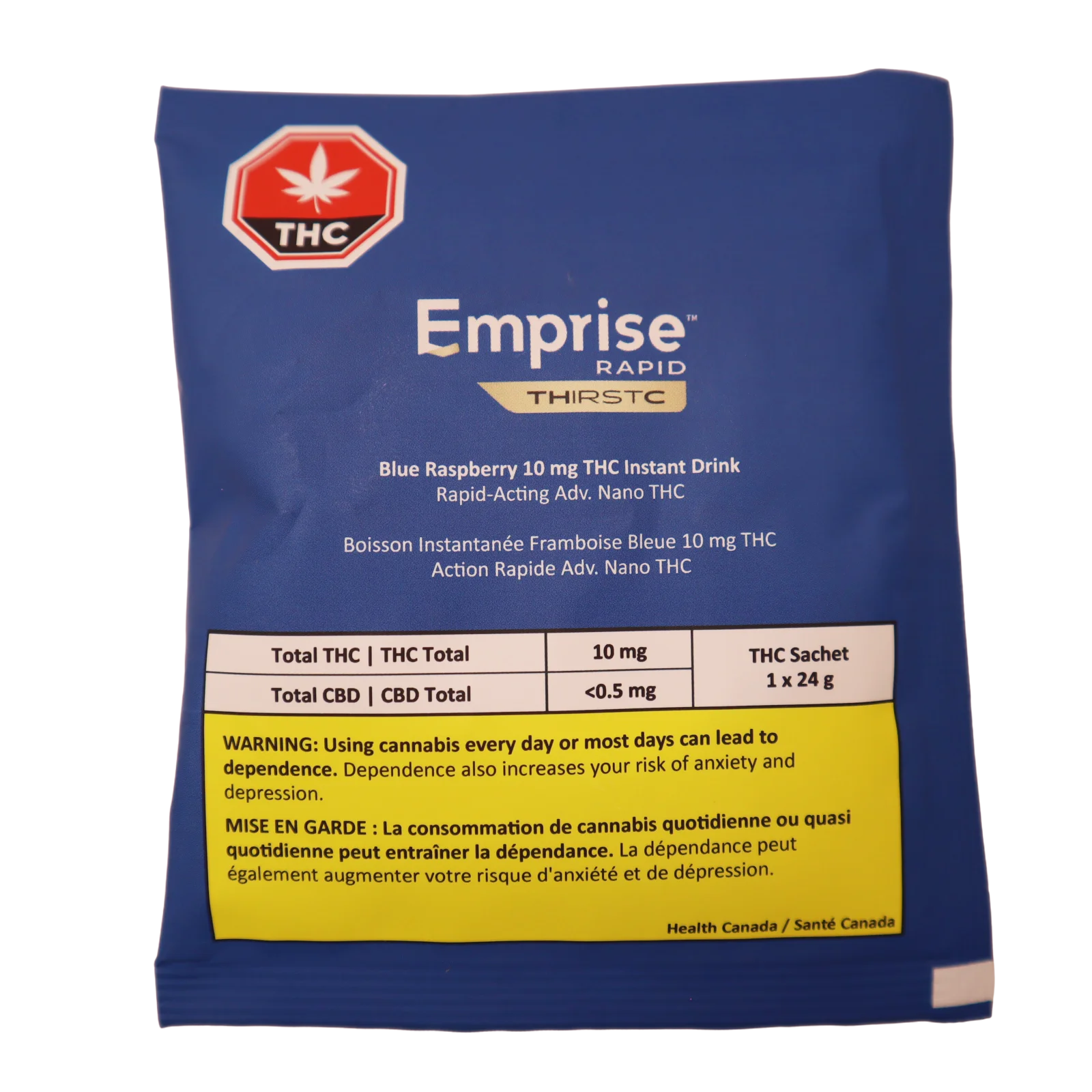 Back of the blue Emprise Rapid Thirstc sachet showing THC symbol, dosage table, and Health Canada warning text