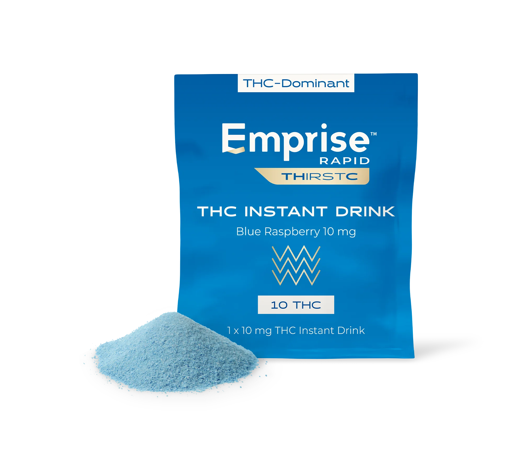 Blue Emprise Rapid Thirstc THC Instant Drink pouch for Blue Raspberry 10 mg, with a pile of blue powder mix in front
