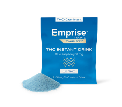Blue Emprise Rapid Thirstc THC Instant Drink pouch for Blue Raspberry 10 mg, with a pile of blue powder mix in front