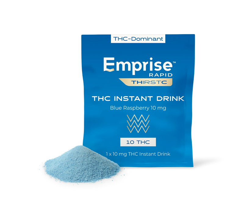 Blue Emprise Rapid Thirstc THC Instant Drink pouch for Blue Raspberry 10 mg, with a pile of blue powder mix in front