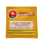 Back of yellow Gummyz pouch showing THC symbol and Blue Raspberry Gummies THC/CBD content label