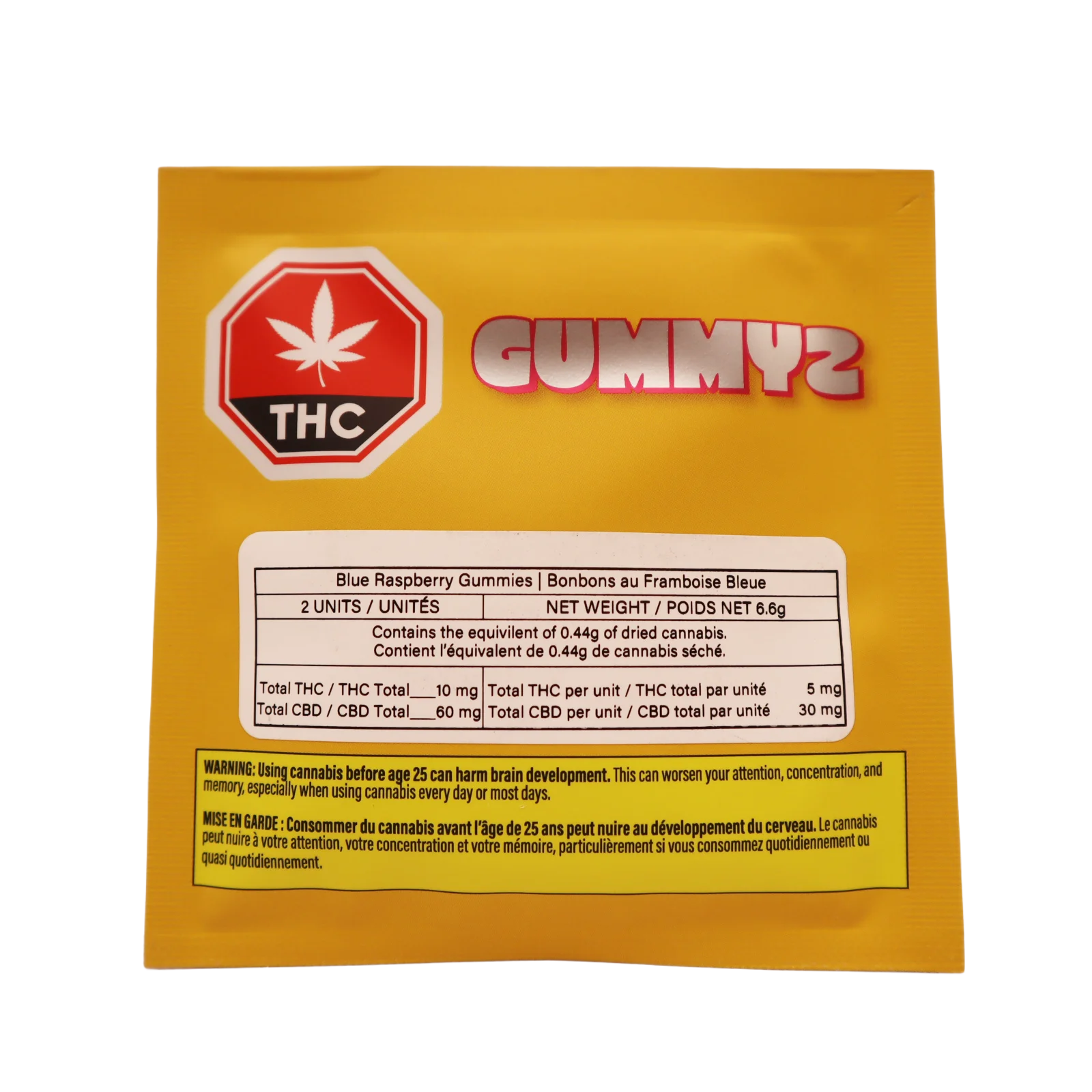 Back of yellow Gummyz pouch showing THC symbol and Blue Raspberry Gummies THC/CBD content label