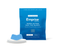 Blue Emprise Rapid pouch for BlueRaz THC Indica Gummy beside a single blue gummy piece displayed on a white pedestal.