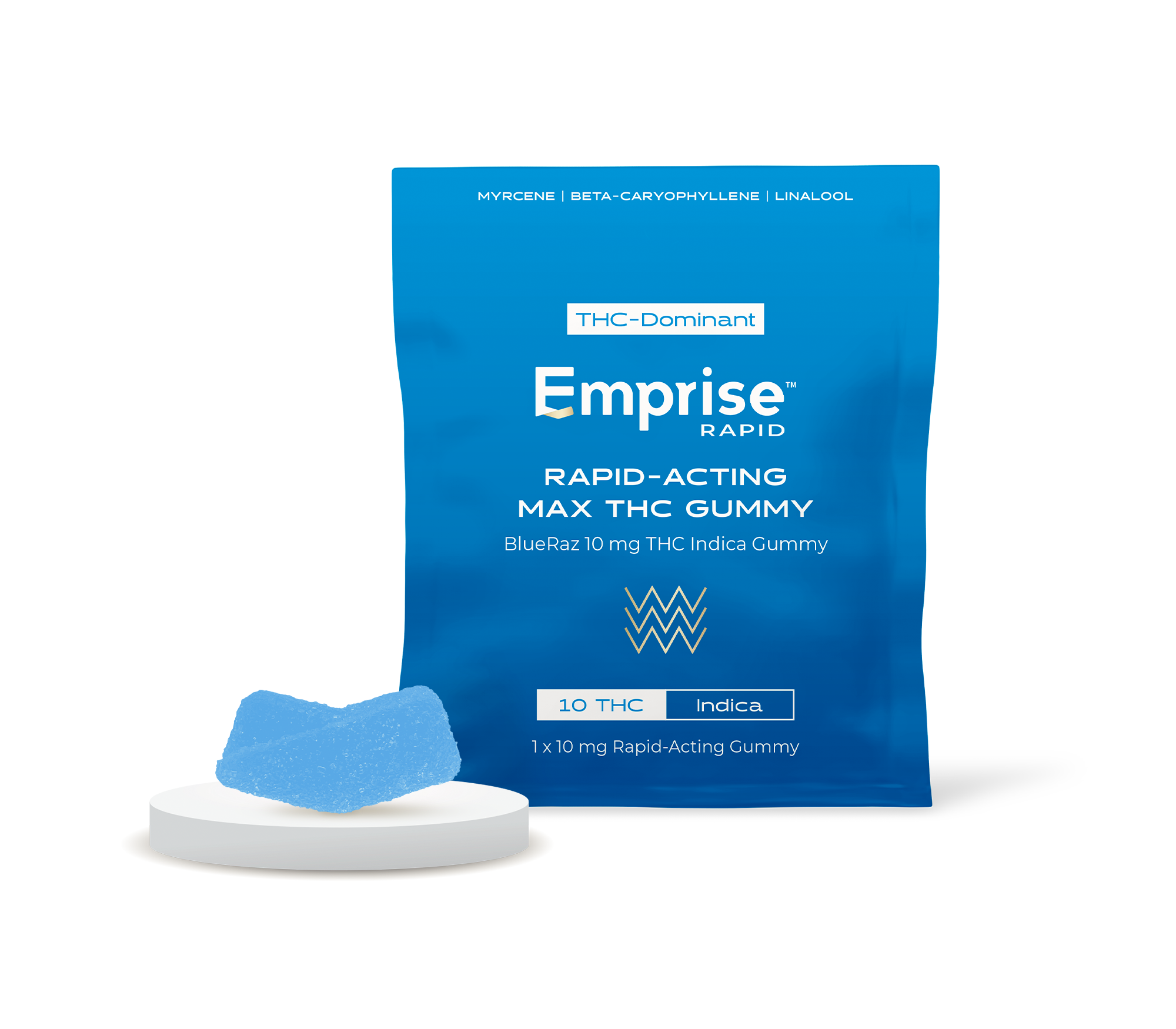 Blue Emprise Rapid pouch for BlueRaz THC Indica Gummy beside a single blue gummy piece displayed on a white pedestal.