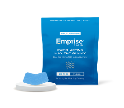 Blue Emprise Rapid pouch for BlueRaz THC Indica Gummy beside a single blue gummy piece displayed on a white pedestal.