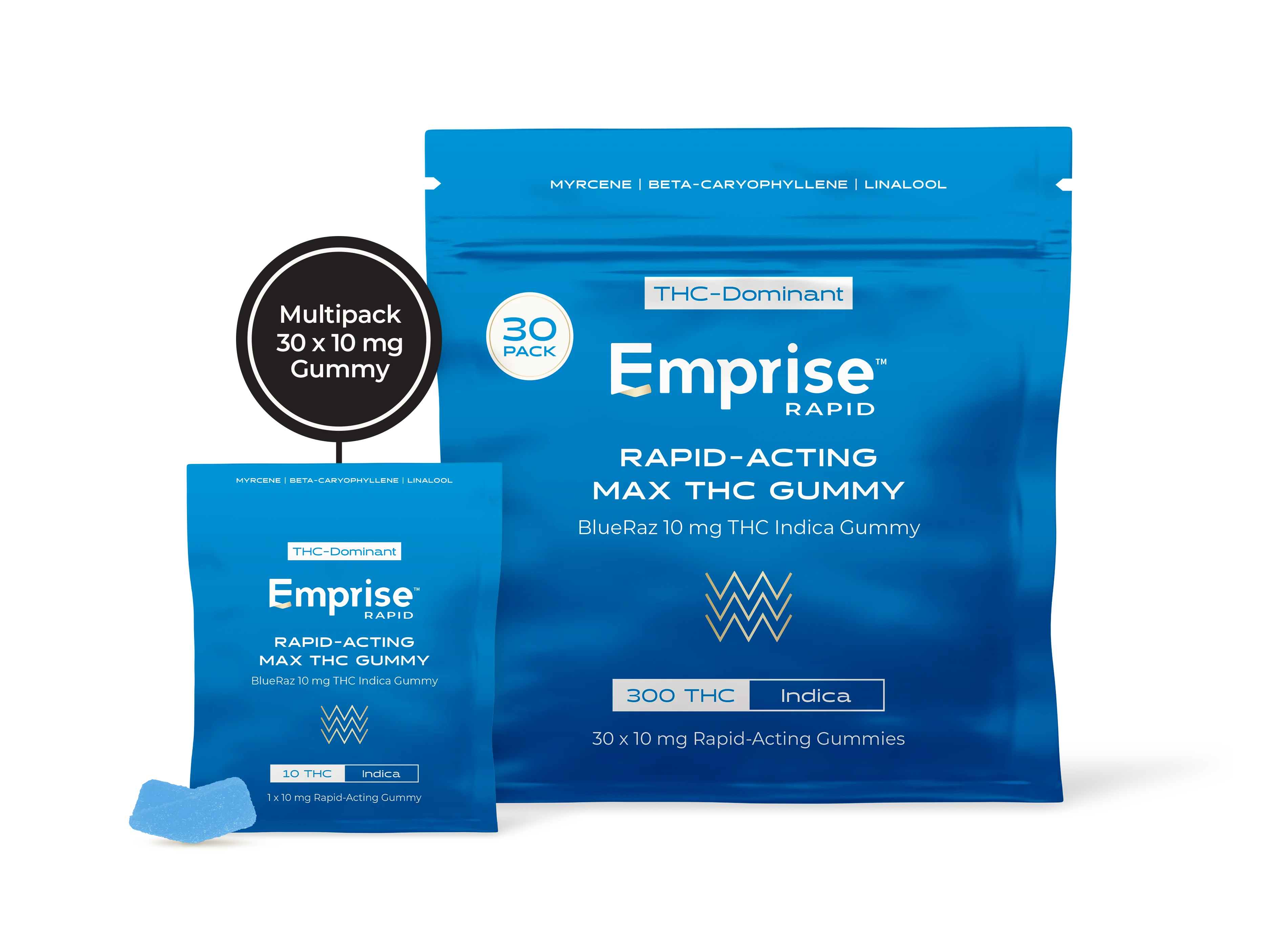 Blue Emprise Rapid packaging for BlueRaz 10 mg THC Indica Gummies, showing the 30-pack pouch, a single-serving packet, and one blue gummy piece.