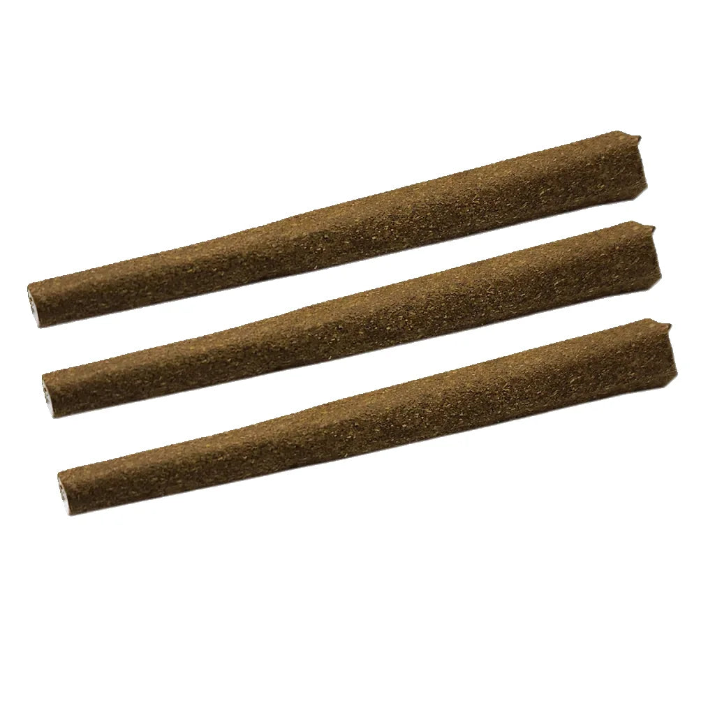 Three infused blunts laid diagonally in a row, showing textured brown ground flower along their length.