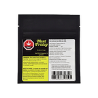 Black mylar packaging bag for Blueberry Fuego Shatter, showing the Next Friday brand logo, THC symbol, and bilingual cannabis warning label.
