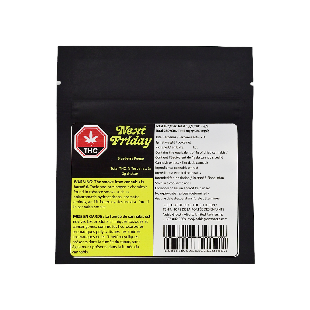 Black mylar packaging bag for Blueberry Fuego Shatter, showing the Next Friday brand logo, THC symbol, and bilingual cannabis warning label.