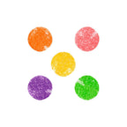 orange, pink, yellow, purple and green round gummies