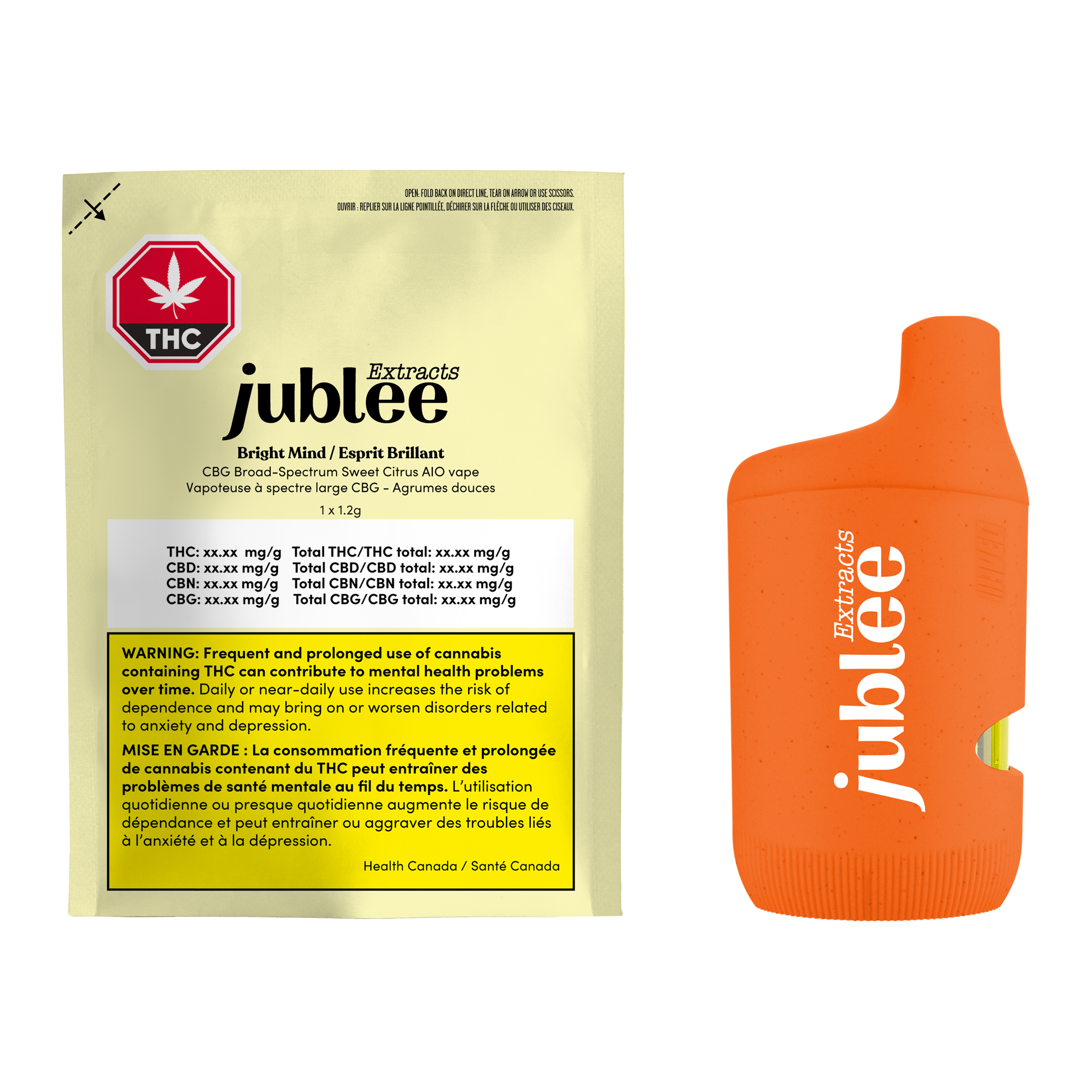 Yellow Jublee Extracts pouch for Bright Mind CBG vape next to the orange all-in-one disposable vape device.