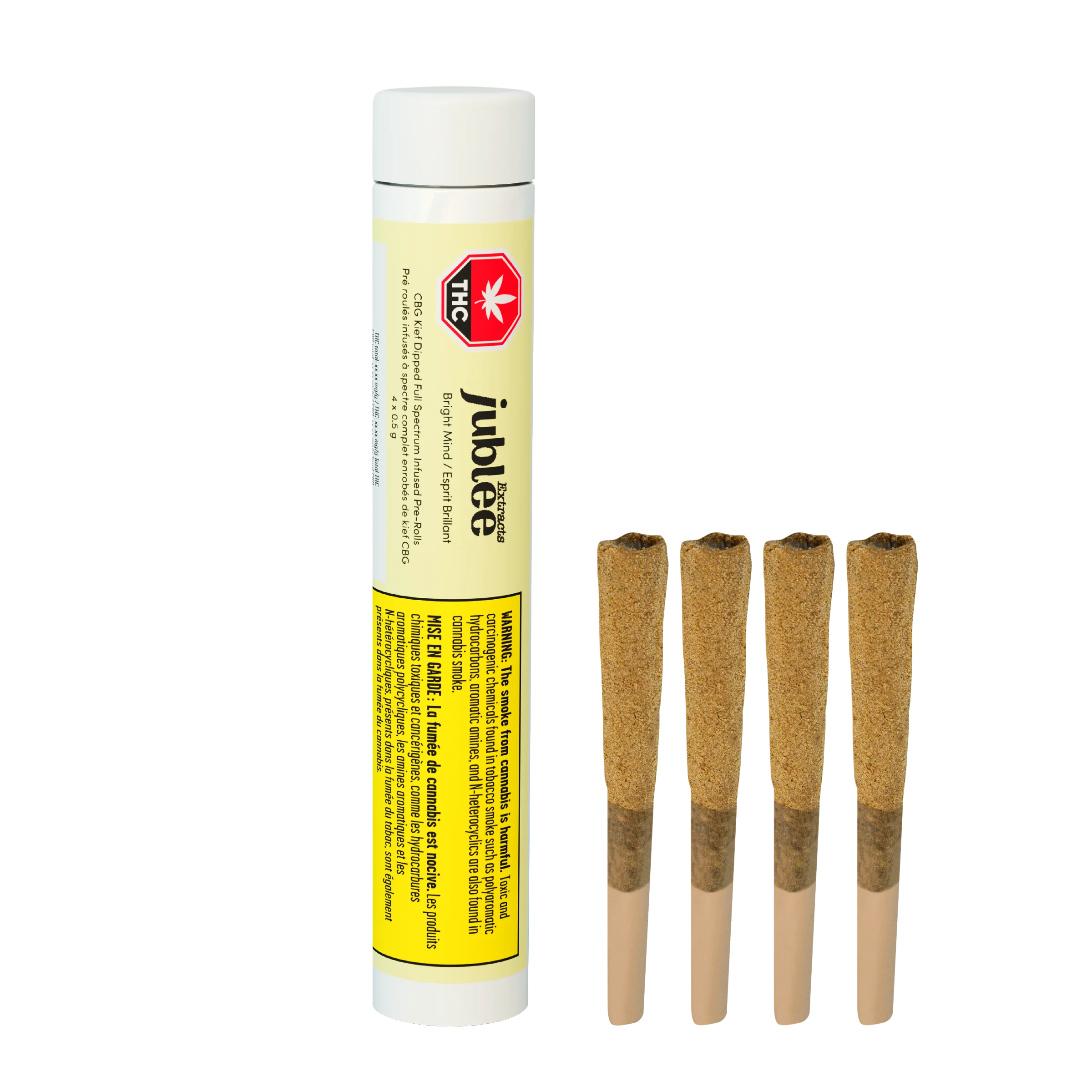 White tube labeled Jublee Extracts Bright Mind CBG Kief Dipped pre-rolls beside four kief-dipped pre-rolled joints.