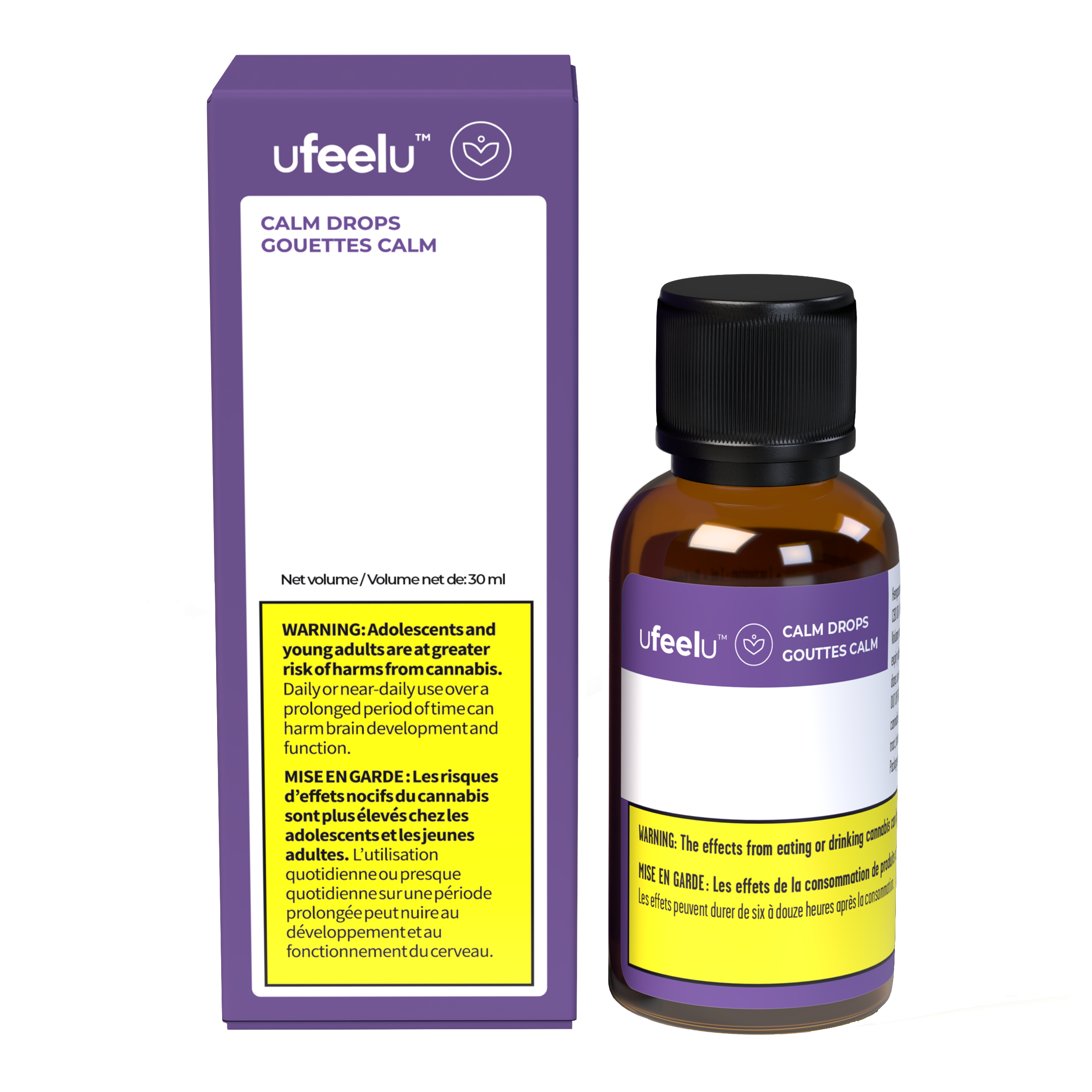 Purple box and amber dropper bottle for Ufeelu Calm Drops, 30 mL, with cannabis warning label text.