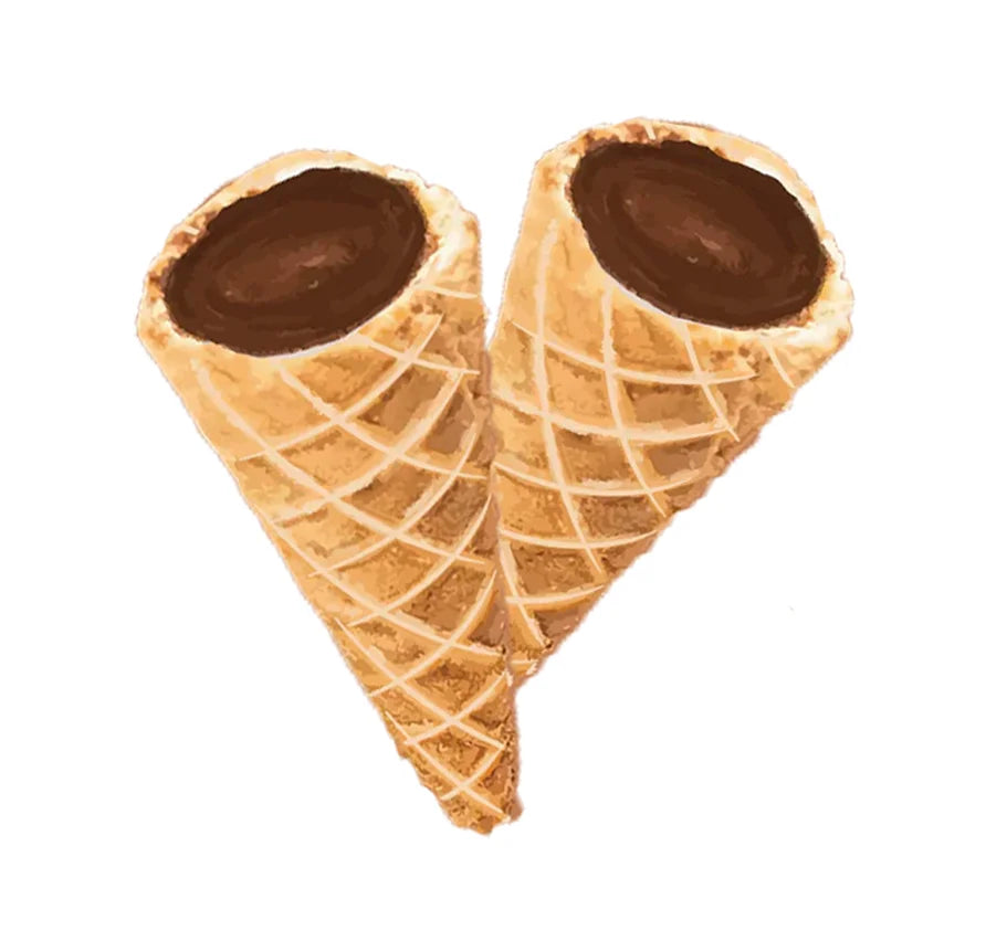 Two mini waffle cones filled with chocolate, arranged tip to tip in a heart shape.