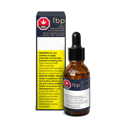 Amber glass dropper bottle of fbp CBD + Rosemary Hair and Scalp Serum next to its navy blue packaging box with a THC warning symbol.