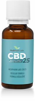 Amber glass dropper bottle of MediPharm Labs CBD25 Regular Formula with a teal label and white cap.