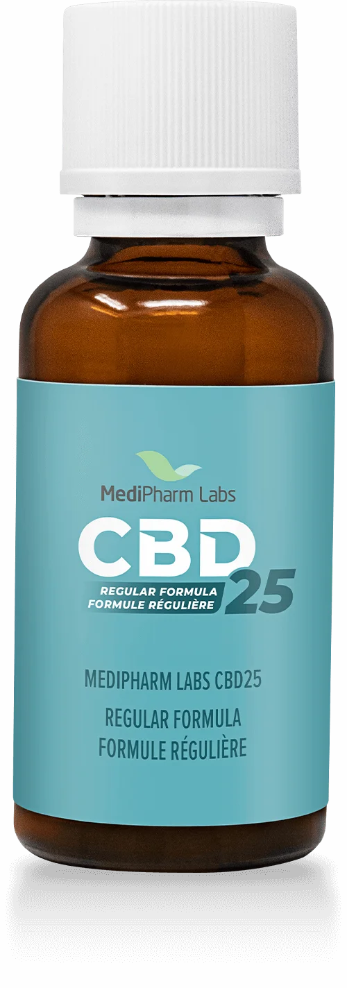Amber glass dropper bottle of MediPharm Labs CBD25 Regular Formula with a teal label and white cap.